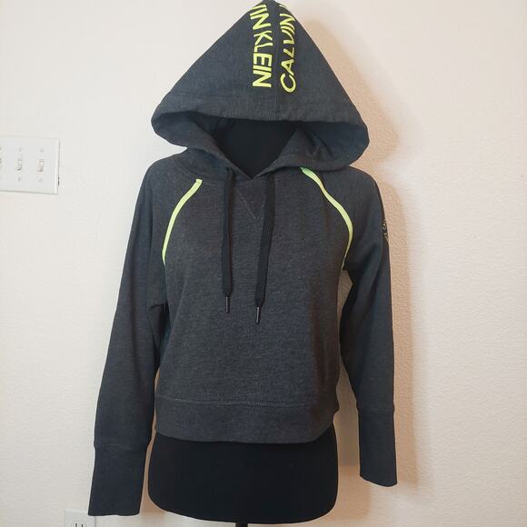 Calvin Klein Performance Cropped Hoodie - Gray & Neon Green - Size Small - Picture 1 of 6